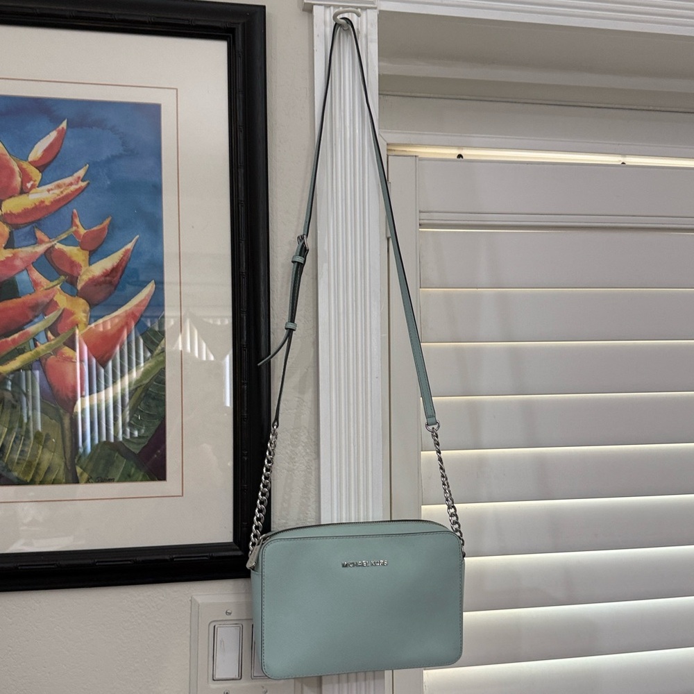 Michael Kors Mint Green Saffiano Leather Jet Set Camera Crossbody Chain Bag